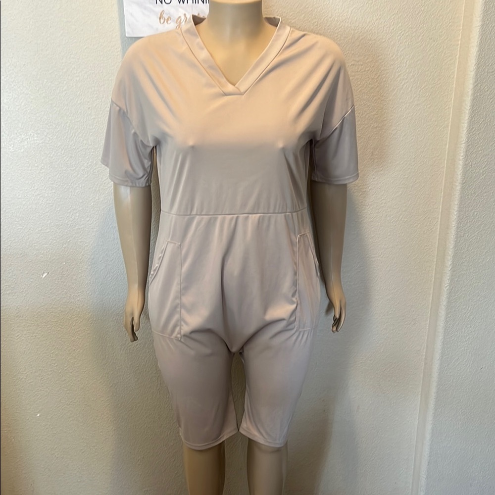 Tan V-Neck Short Sleeve Jumpsuit with Elastic Waist